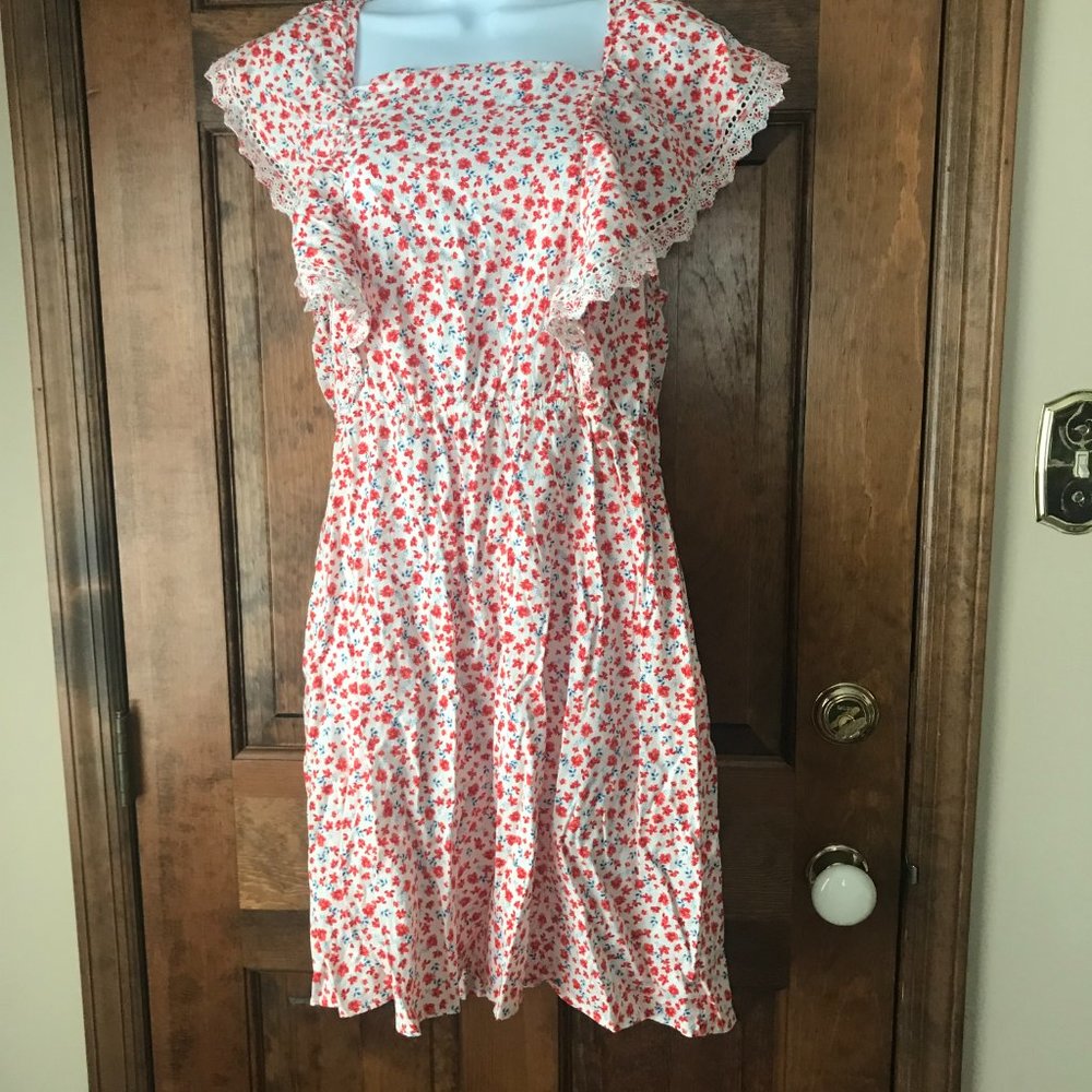 NWT Old Navy Pinafore Dress White with Scattered Red Flowers & Blue Leaves Large